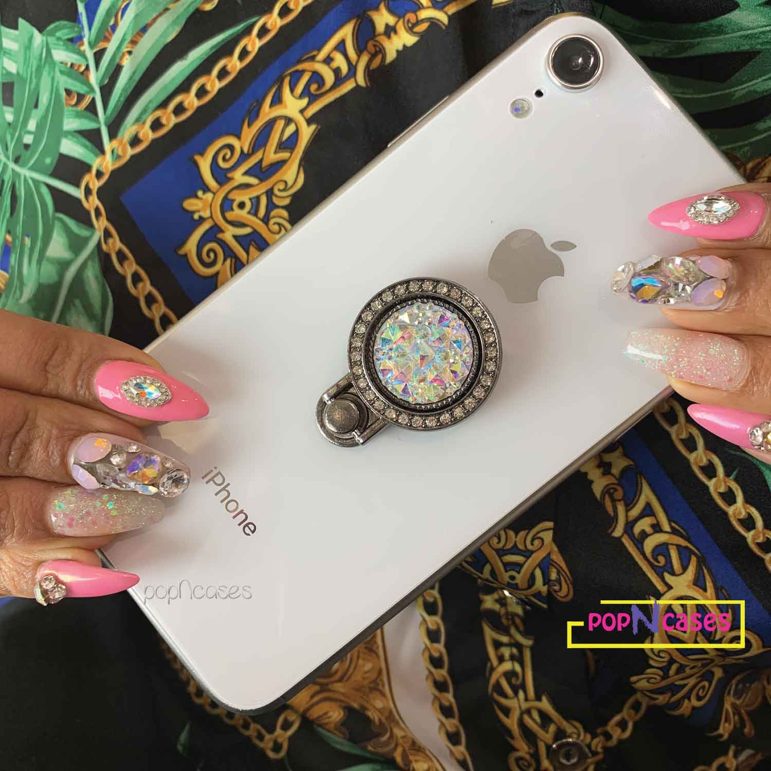 Charcol-black-phone-grip-holder-on-phone-rhinestones-popncases