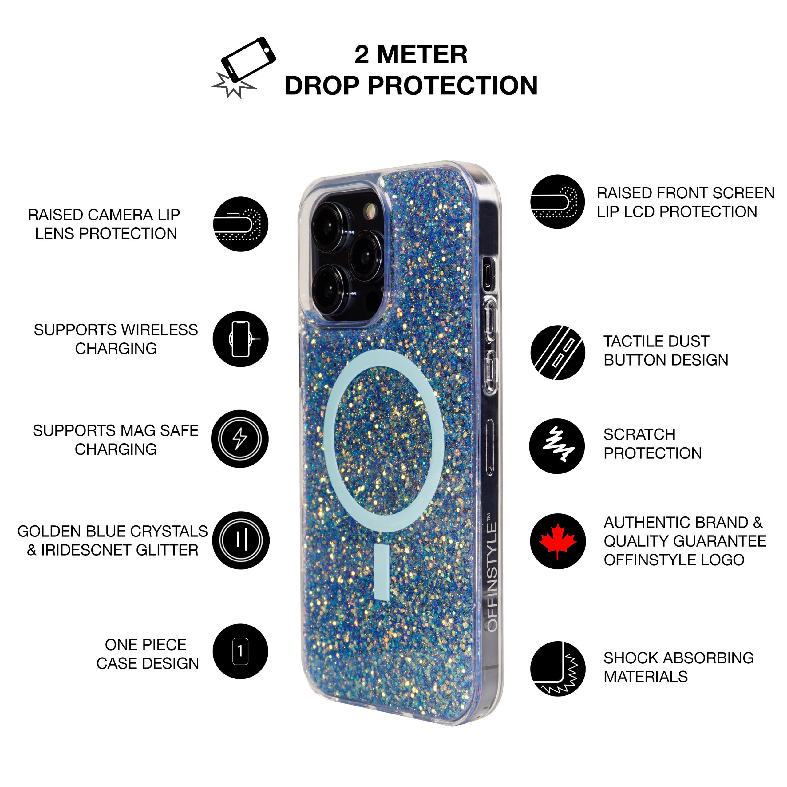 GOLD.BLUE.IRIDESCENT.GLITTER.CRYSTAL.IPHONE.CASE.DROP.PROTECTION.DESIGN.FEATURES.MAGSAFE.WIRELESS.CHARGING