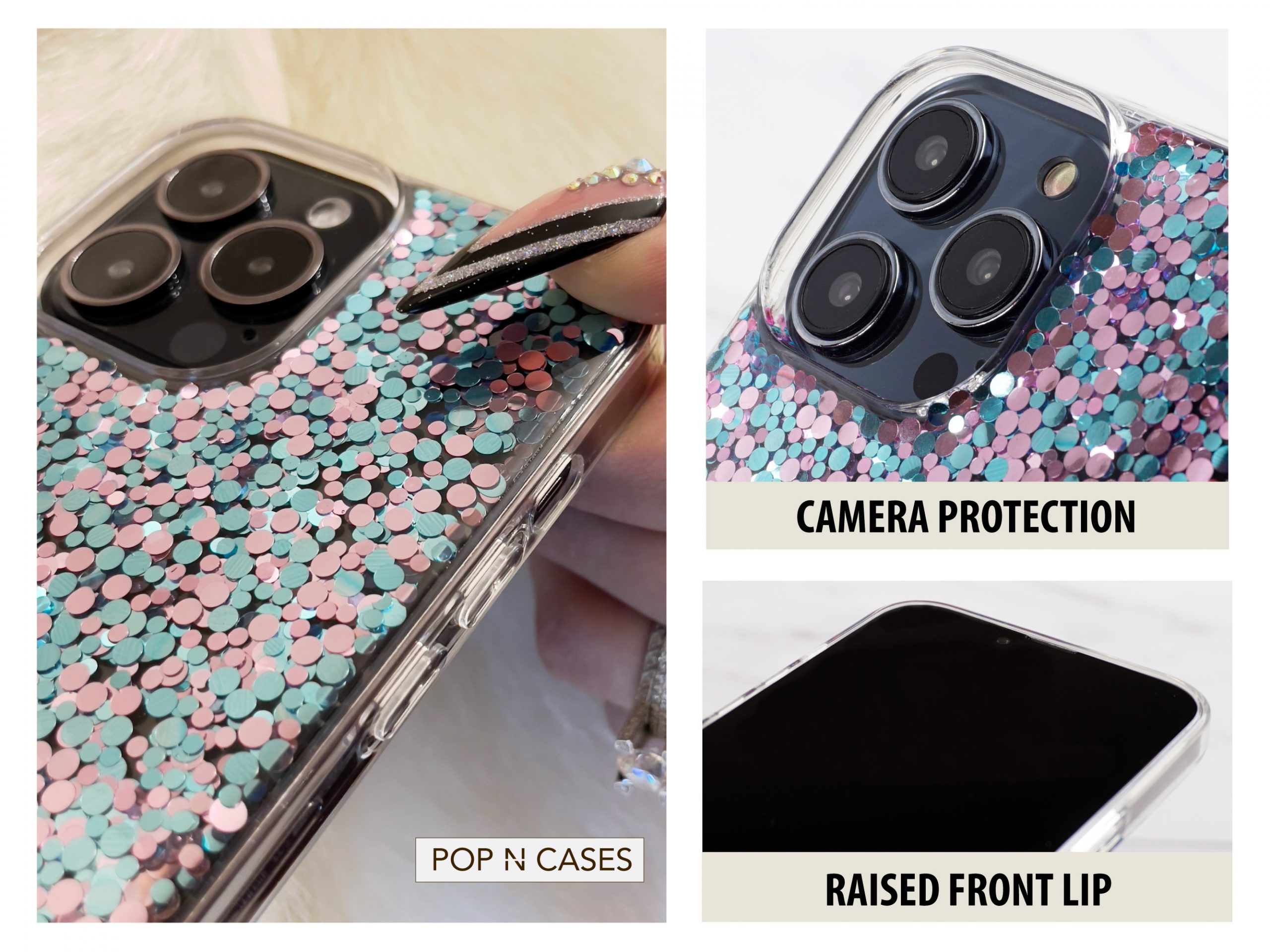 METALLIC.REFLECTIVE.PINK.BABY.BLUE.BUBBLE.GLITTER.IPHONE.PHONE.CASE.RAISED.LCD.SCREEN.PROTECTION.CAMERA.LENS.PROTECTION.DESIGN.FEATURES