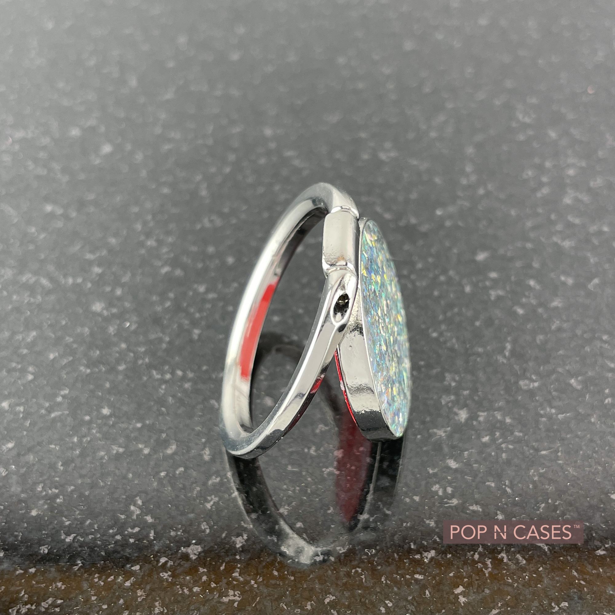 Silver.Iridescent.Bling.Ring.Holder.Finger.Grip.Side.Open.View