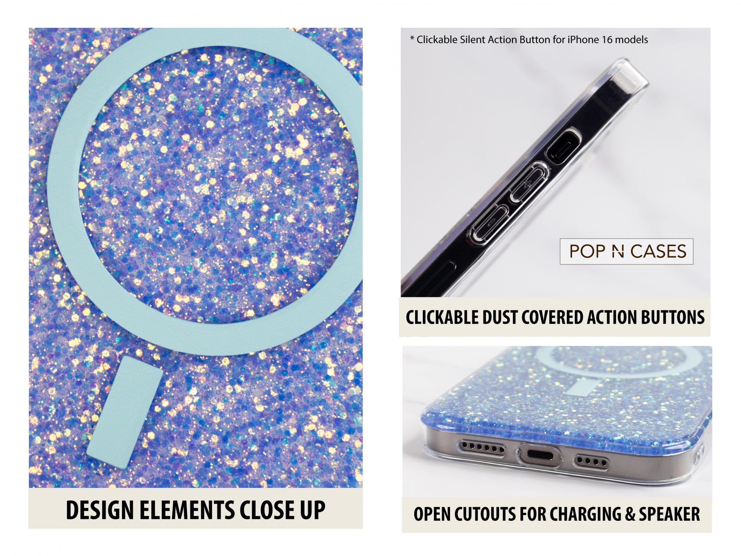 CLOSEUP.GOLD.BLUE.PURPLE.IRIDESCENT.GLITTER.HOLO.SPRARKLE.MAGSAFEIPHONE.PHONECASE.Charge.Port.Soft-Dust.Buttons.Wireless.Charging