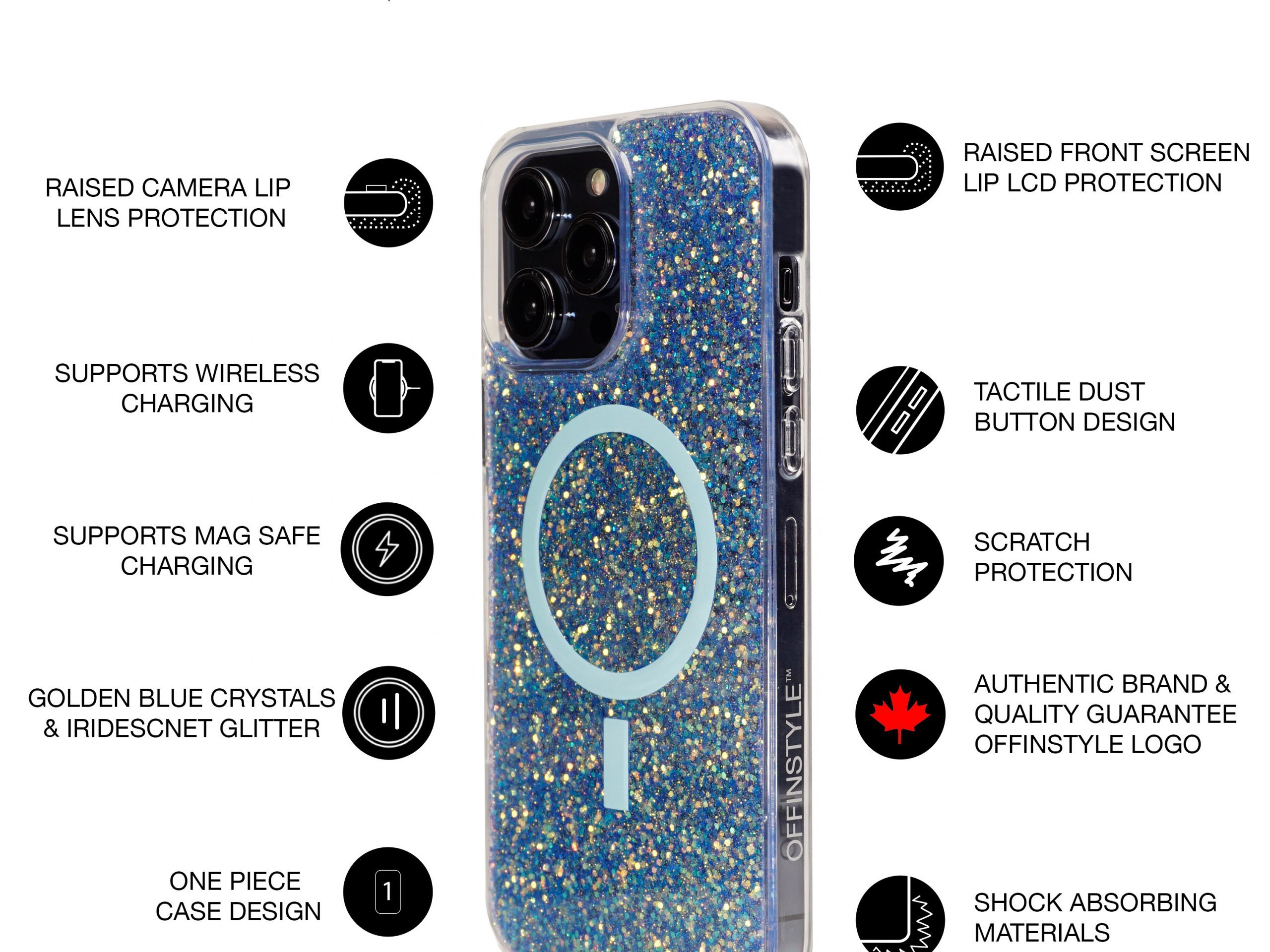 GOLD.BLUE.IRIDESCENT.GLITTER.CRYSTAL.IPHONE.CASE.DROP.PROTECTION.DESIGN.FEATURES.MAGSAFE.WIRELESS.CHARGING