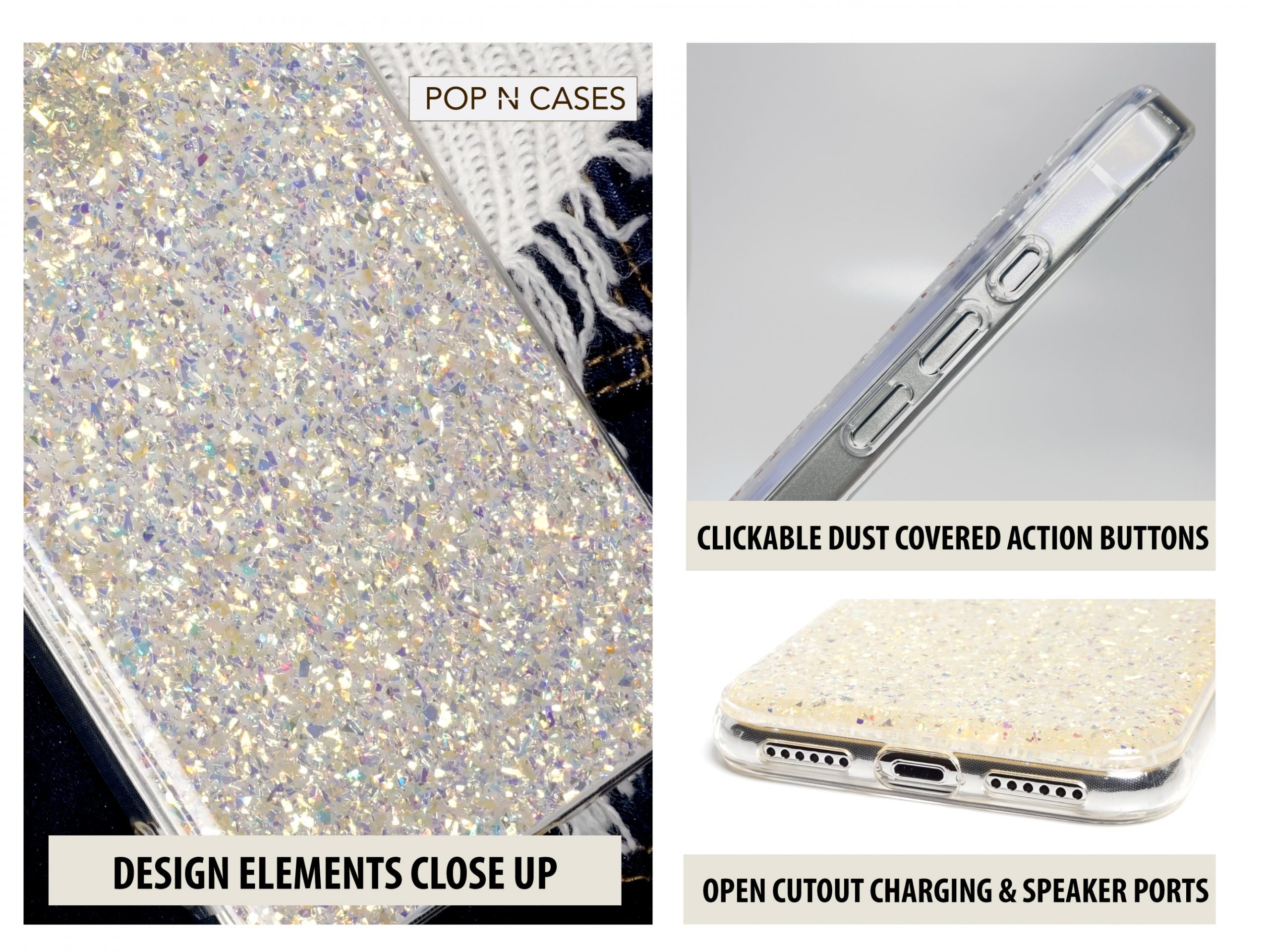 iPhone.X.Case.Protective.Buttons.Open.Charge.Port.Iridescent.Gold.Silver.Twinkle.Glitter.Bling.Phone.Case